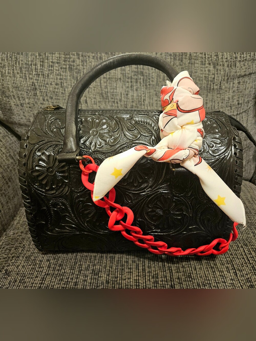 Black Embossed Leather Top-Handle Bag with Red Chain Accent | Medium Speedy